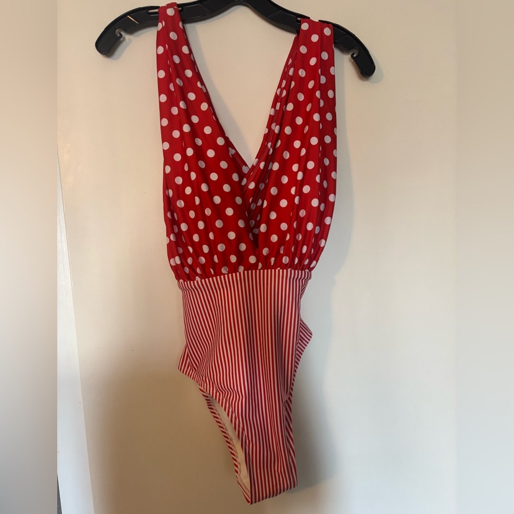 Red Polka Dot & Stripe One-Piece Swimsuit - V-Neck